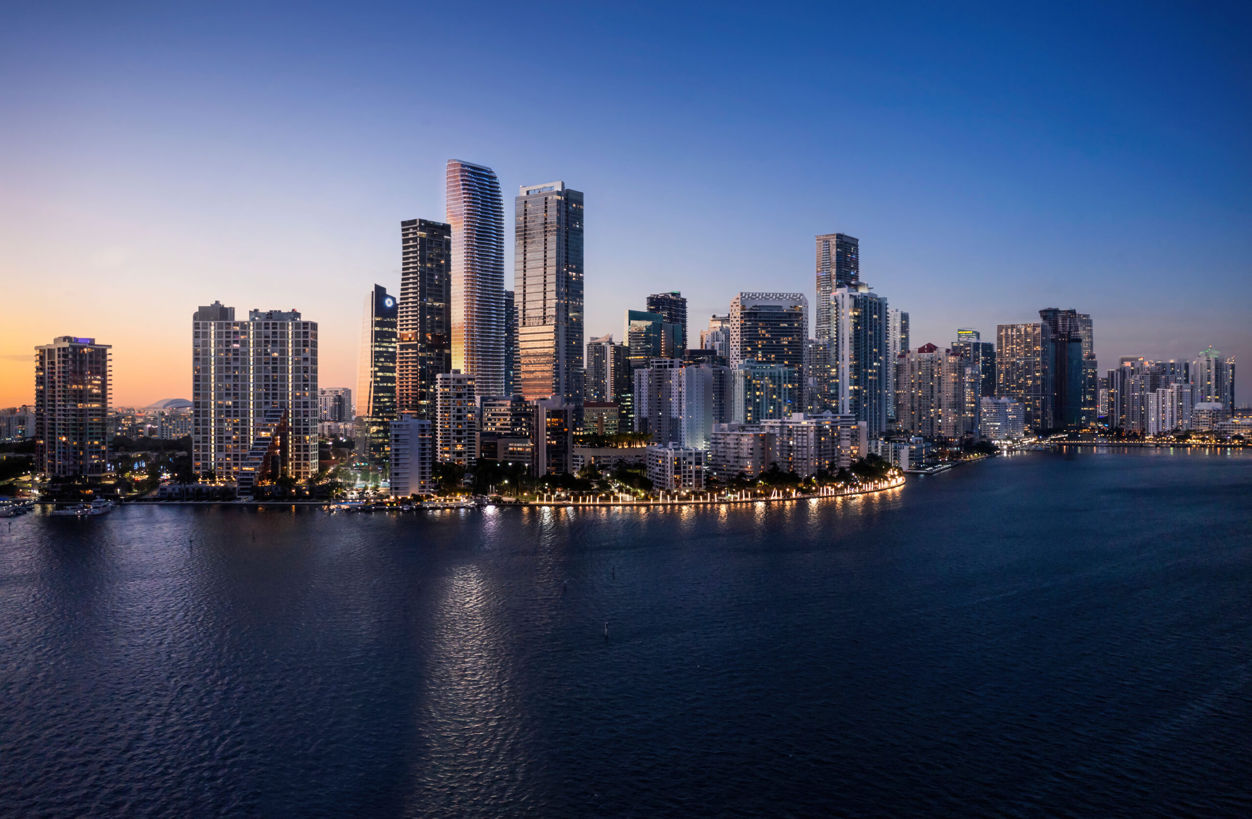 The Brickell skyline at dusk across Biscayne Bay, Miami