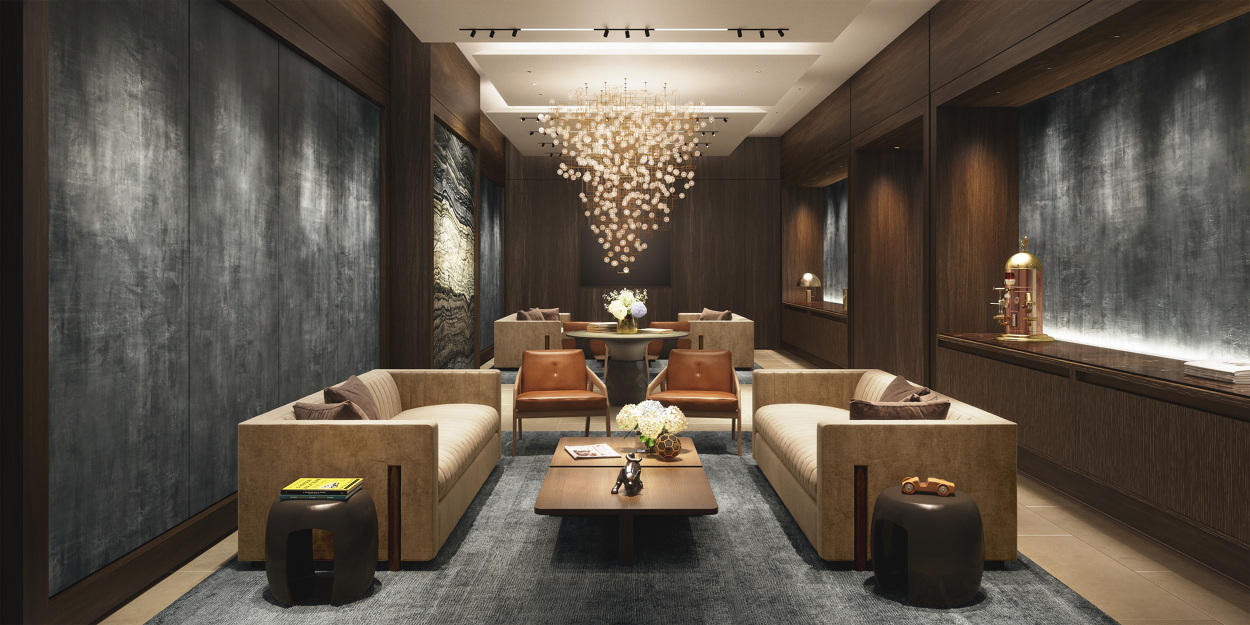 A walnut-panelled residents' lounge with a sculptural chandelier in a luxury tower